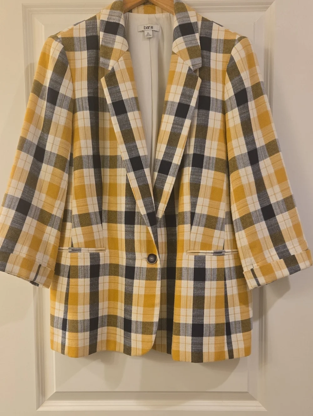 Bar III Yellow and Navy Plaid Single-Button Blazer